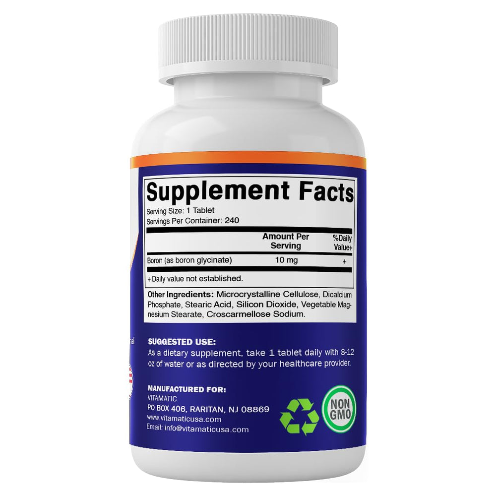 Vitamatic boron bottle with glass underscores premium quality.
