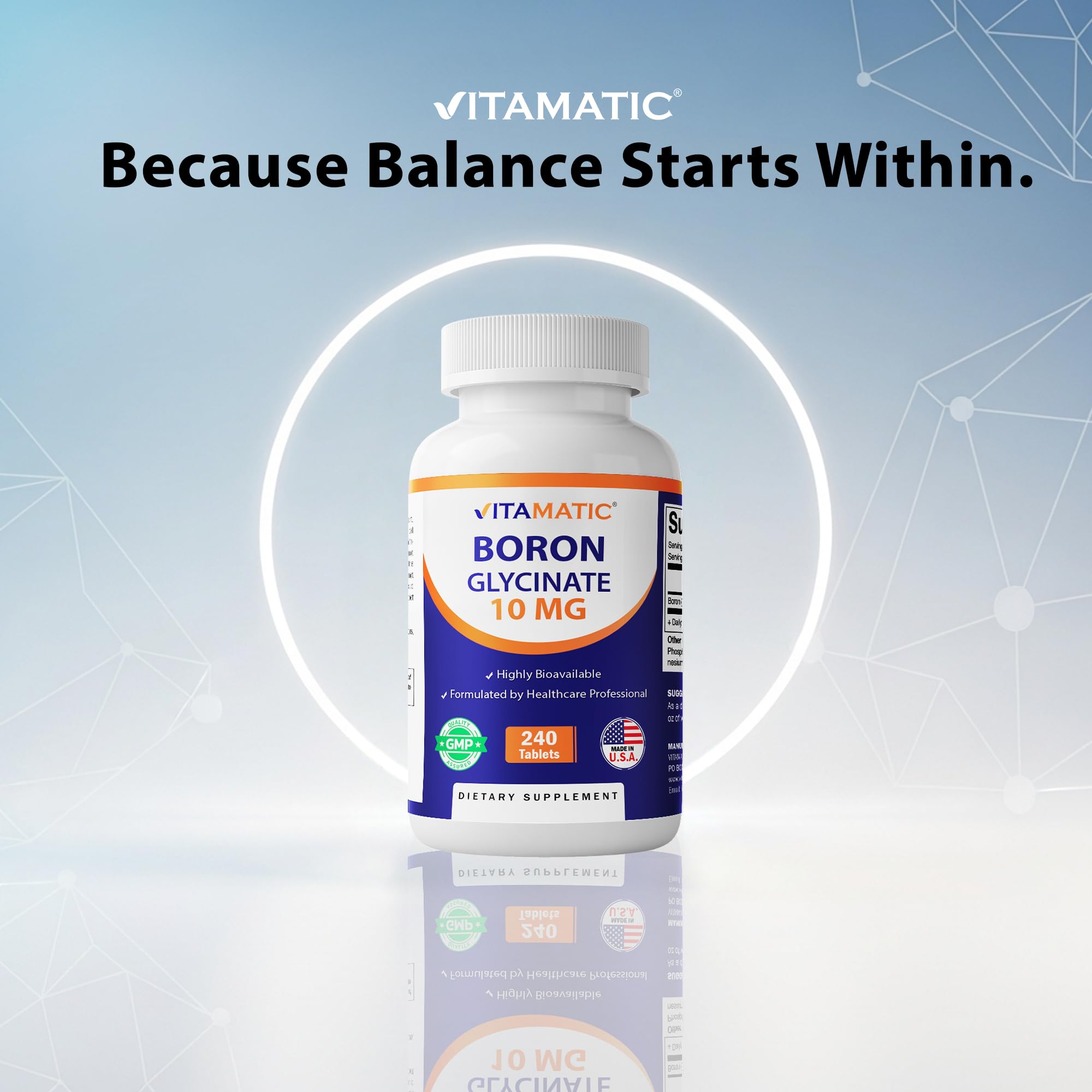 Vitamatic bottle with Non-GMO and Gluten Free icons indicating dietary suitability.