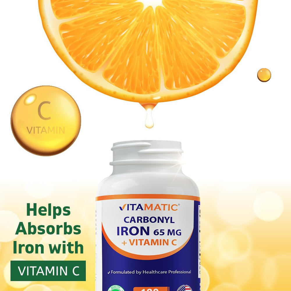 Vitamatic Carbonyl Iron with Vitamin C icon signaling enhanced absorption.