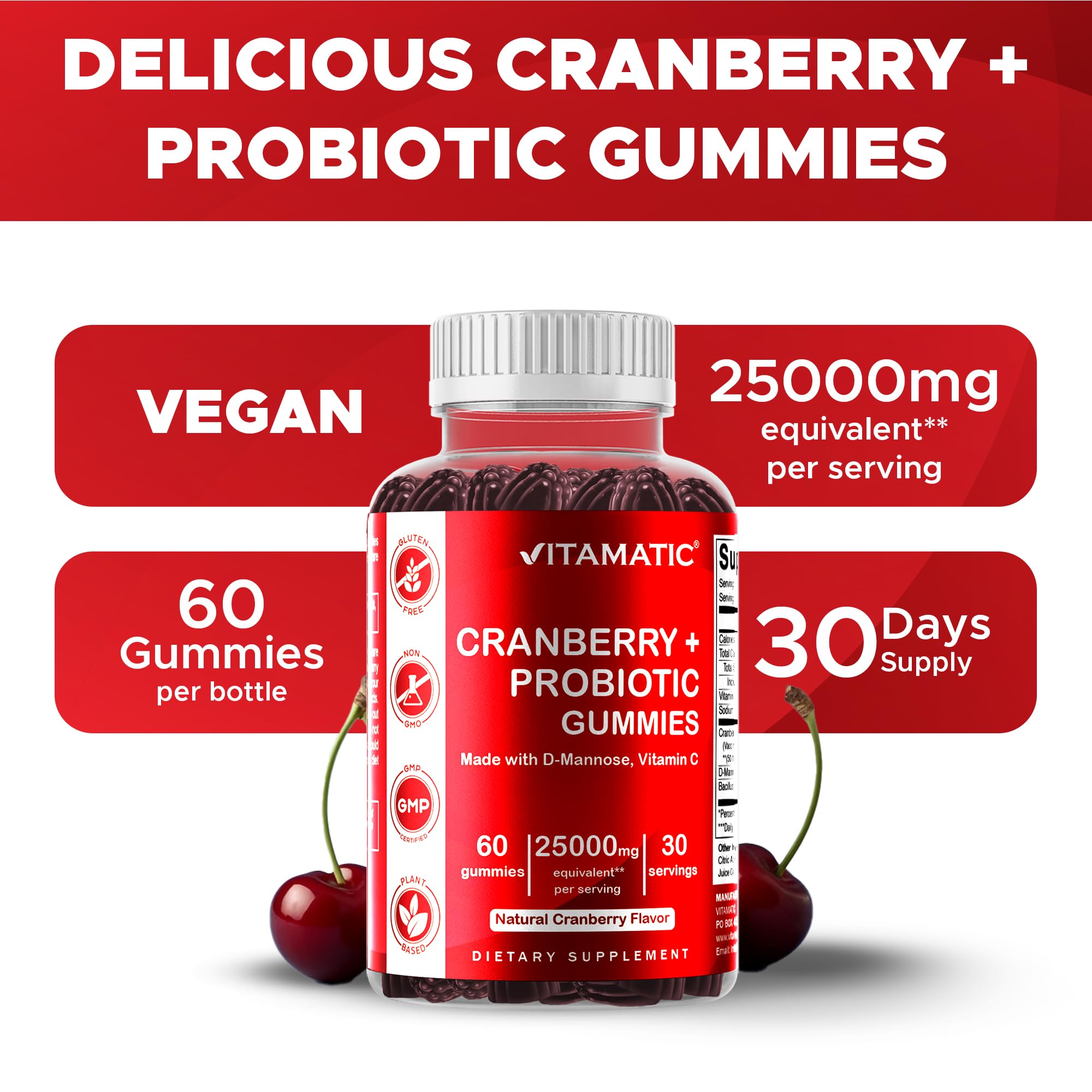 Vitamatic Cranberry Gummies with D-mannose shot focus on added ingredient