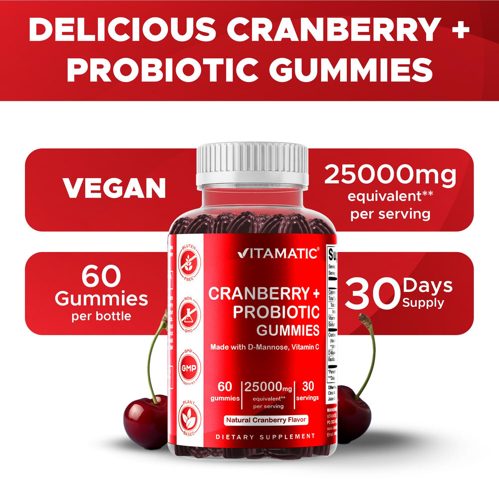 Vitamatic Cranberry Gummies with D-mannose shot focus on added ingredient