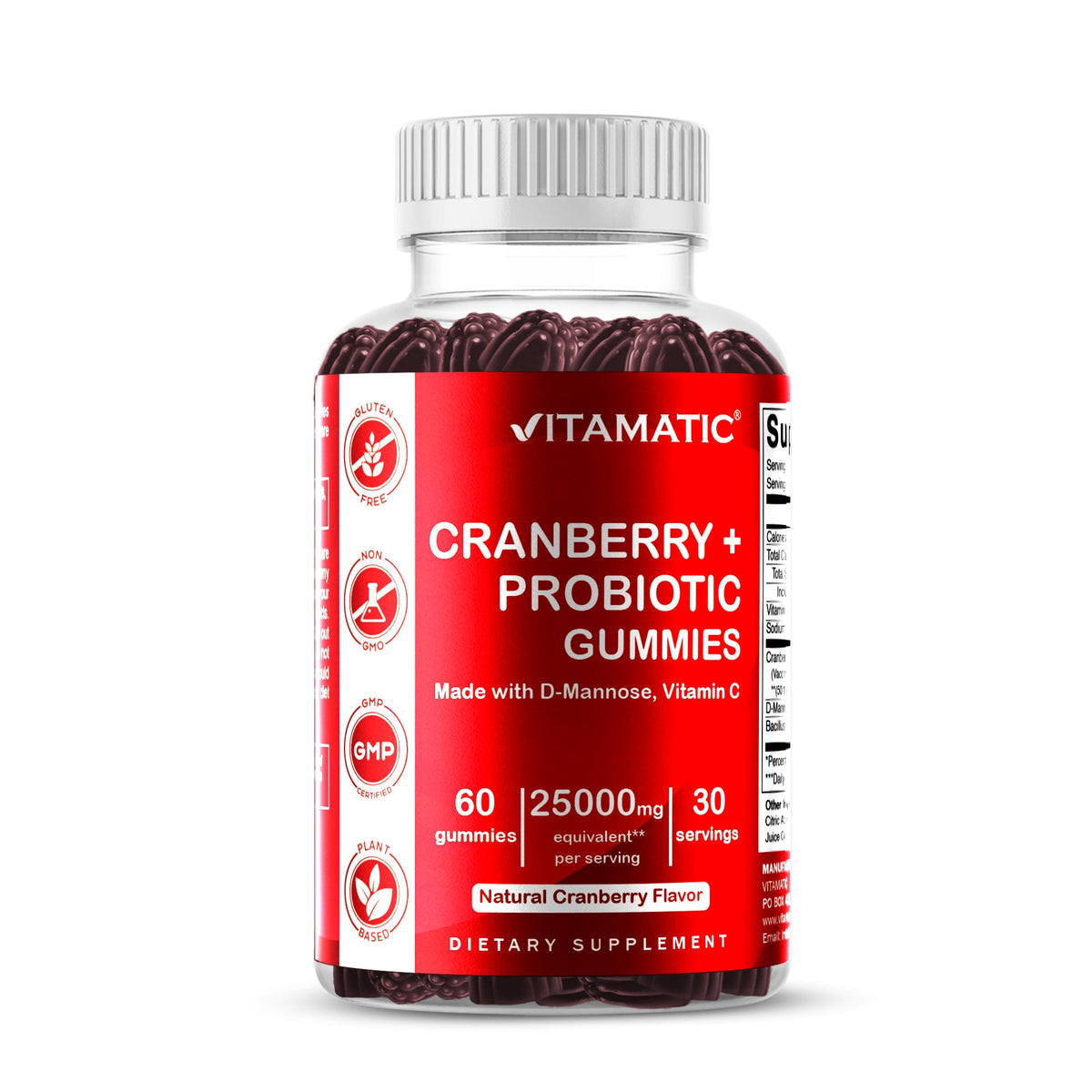 Vitamatic Cranberry Gummies jar front with vegan formula and natural flavor