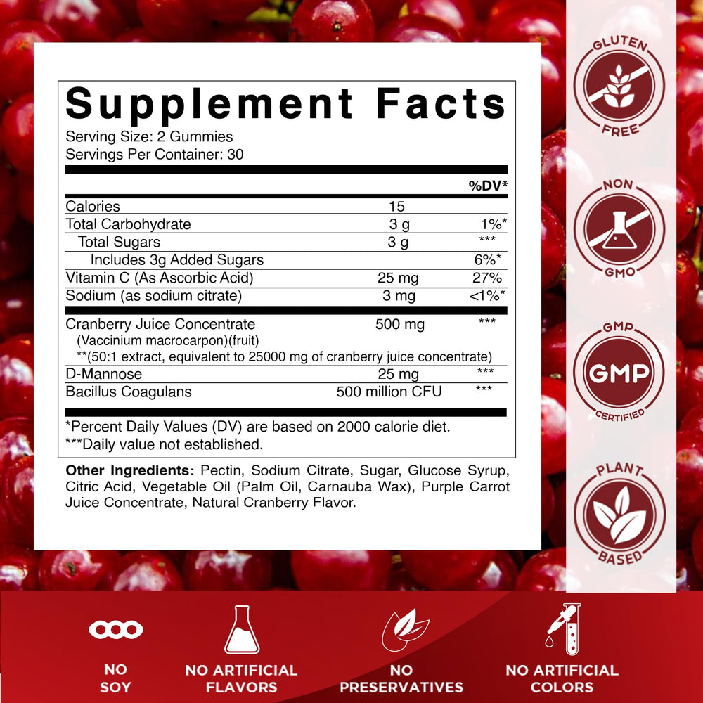 Vitamatic Cranberry Gummies label closeup highlighting ingredients and potency
