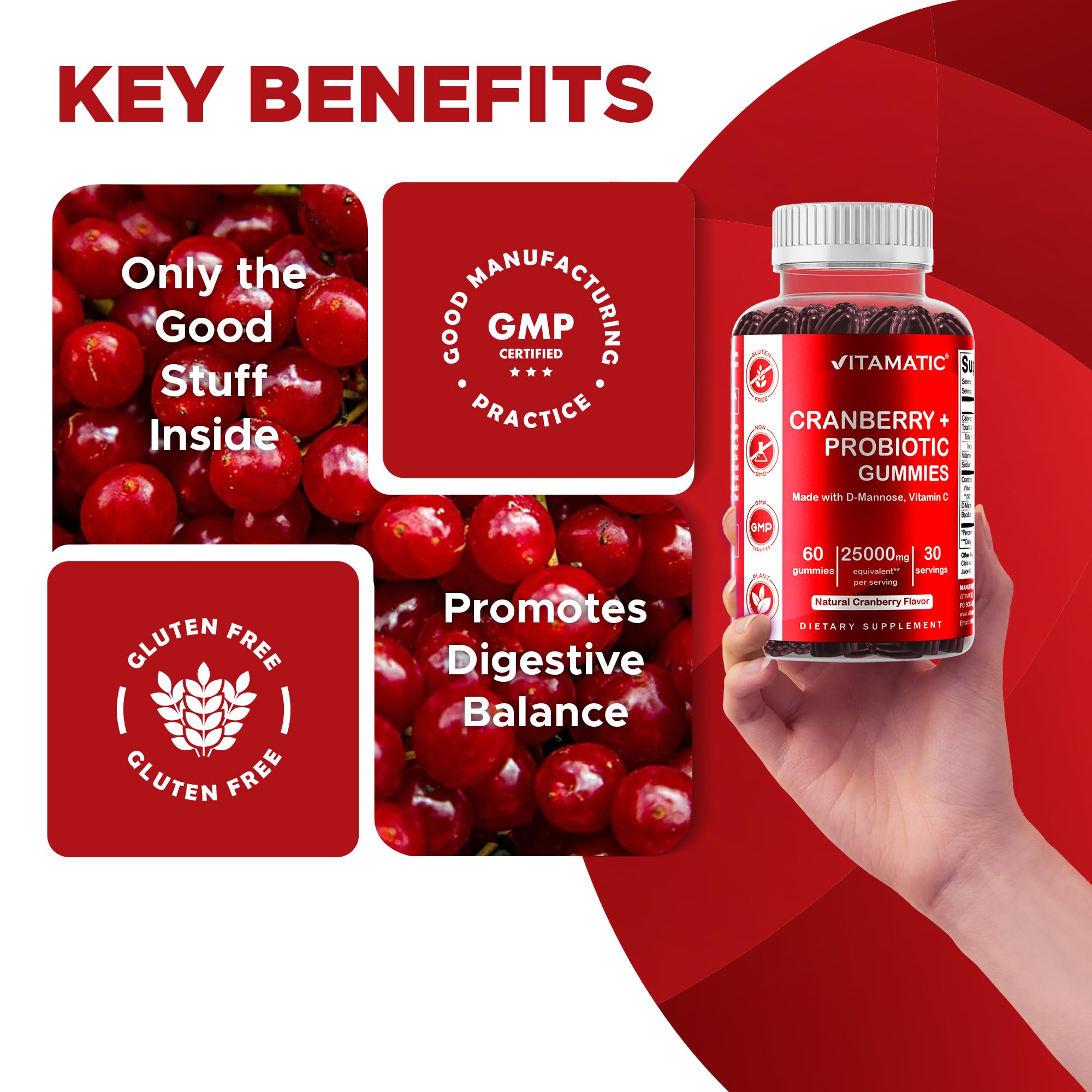 Vitamatic Cranberry Gummies probiotic bottle emphasizing gut support