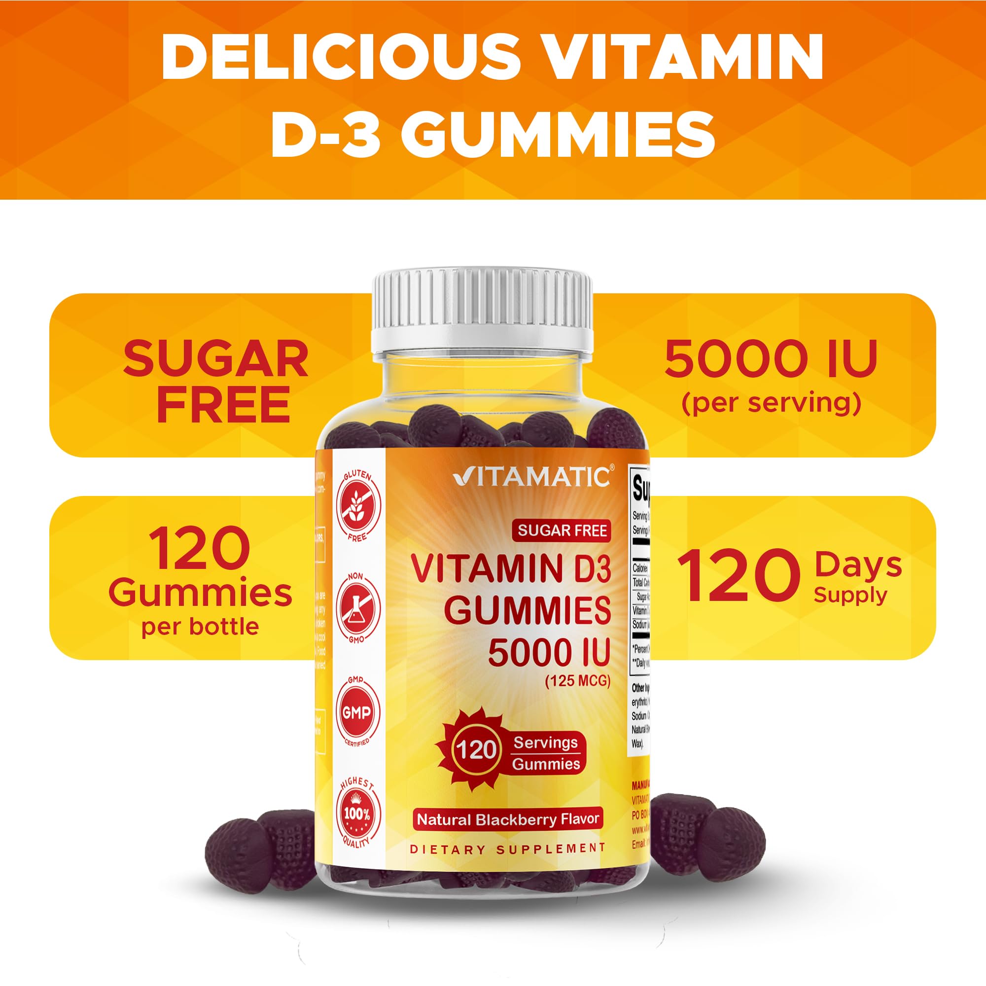 Vitamatic D3 bottle label close-up emphasizing 5000 IU potency.