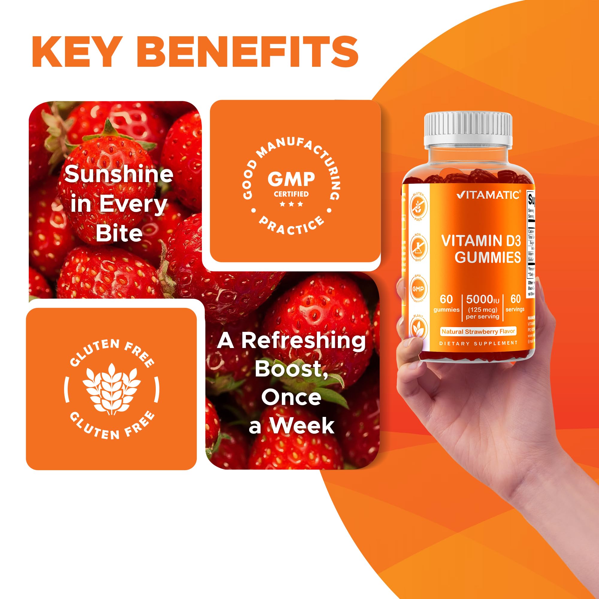 Vitamatic D3 Gummies label detail – non-GMO and gluten-free quality