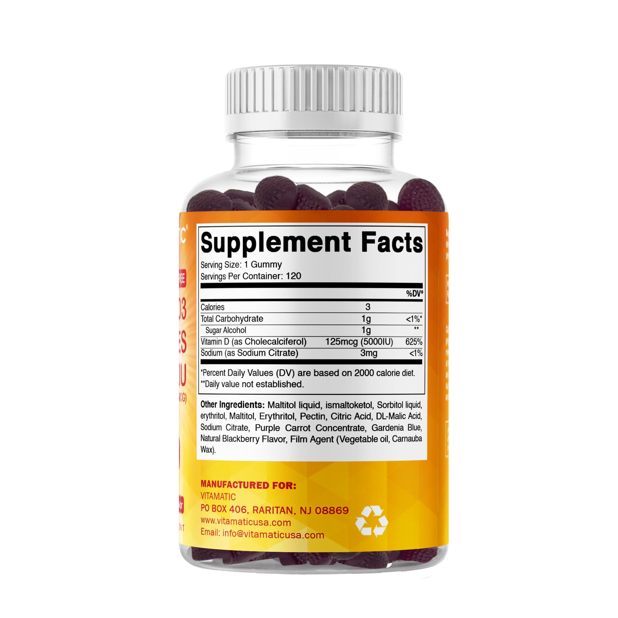 Vitamatic D3 gummies texture detail with glossy finish.