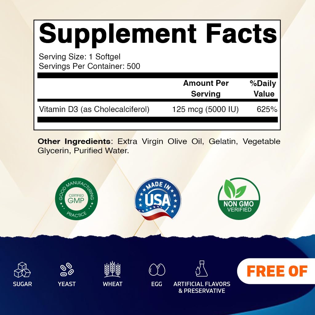 Vitamatic D3 softgels with olive oil base for enhanced absorption.