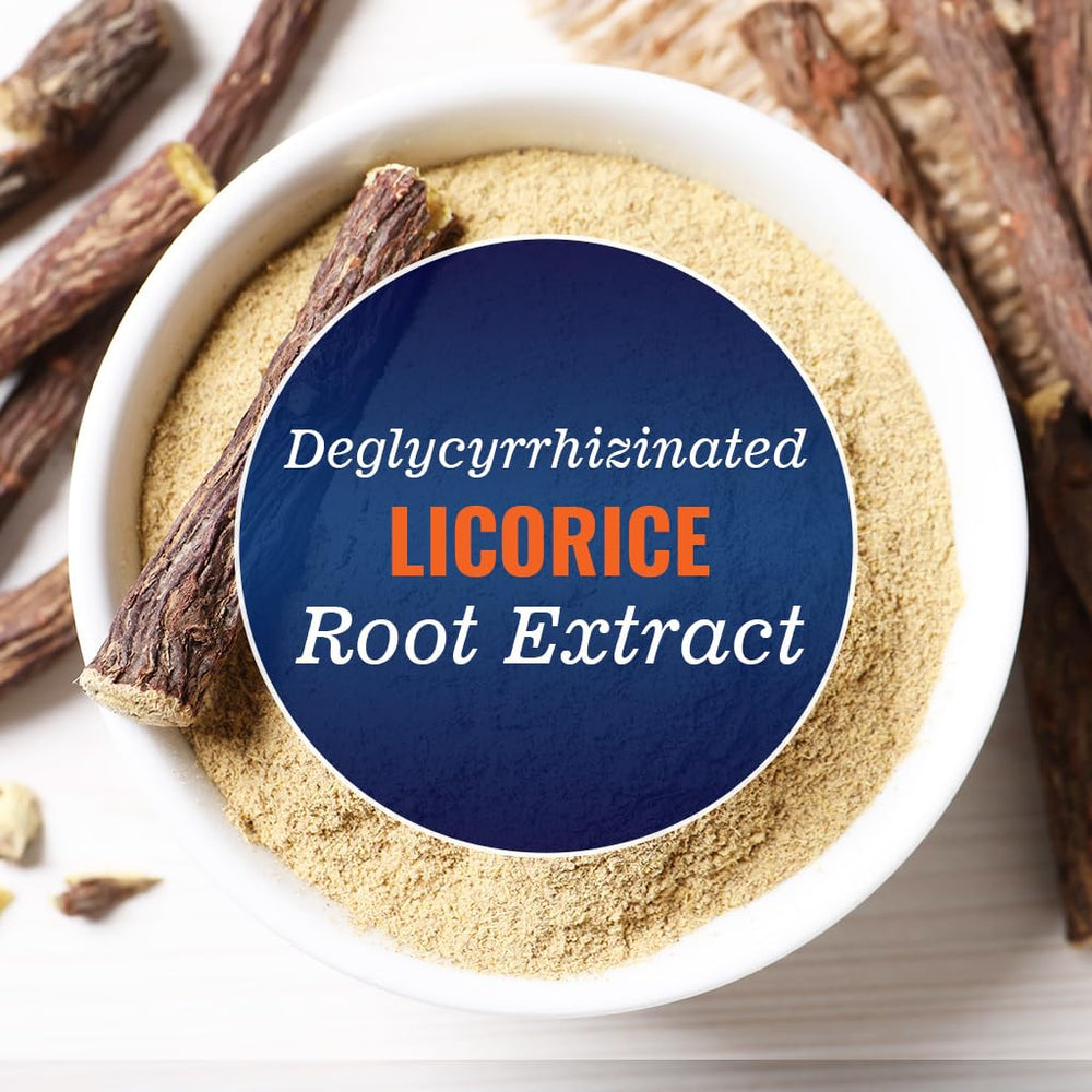 Vitamatic DGL Licorice bottle cap off showing capsules for digestive support.