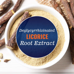 Vitamatic DGL Licorice bottle cap off showing capsules for digestive support.