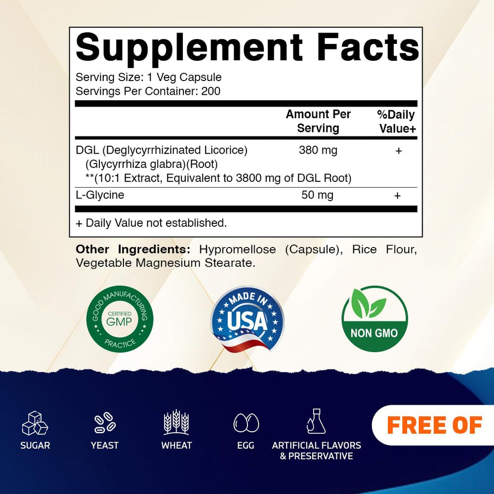 Vitamatic DGL Licorice capsules on counter illustrating daily gut care.