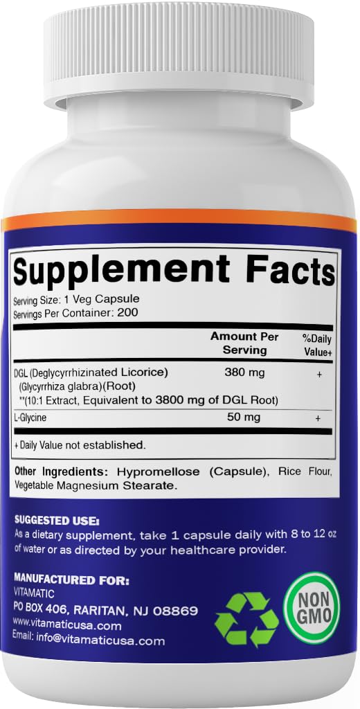 Vitamatic DGL Licorice seal and USA-made GMP claim visible.