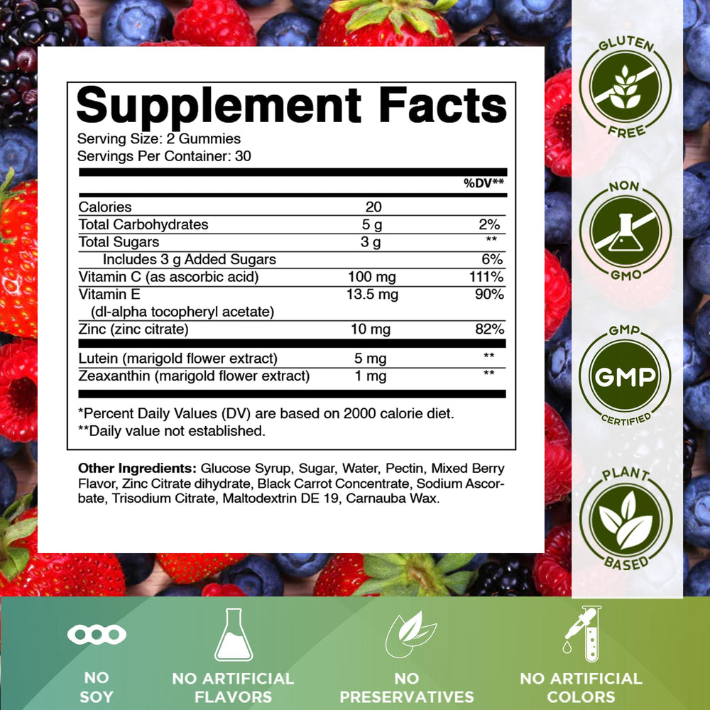 Vitamatic Eye Health Gummies label detail showing lutein and zeaxanthin information.