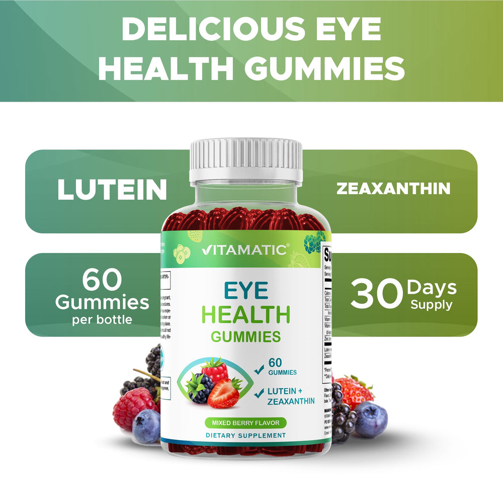 Vitamatic Eye Health Gummies mixed berry flavor highlighting taste and form.