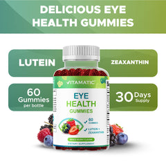 Vitamatic Eye Health Gummies mixed berry flavor highlighting taste and form.