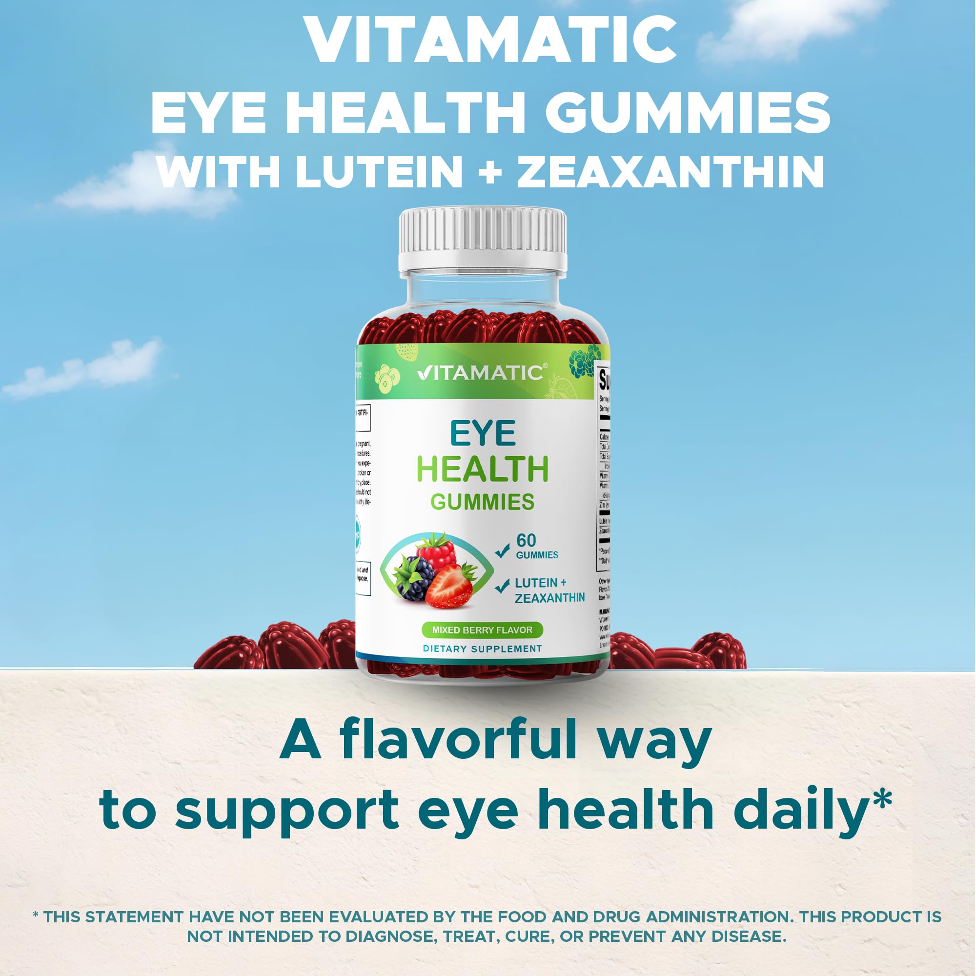 Vitamatic Eye Health Gummies vegan non-GMO clean label promise.