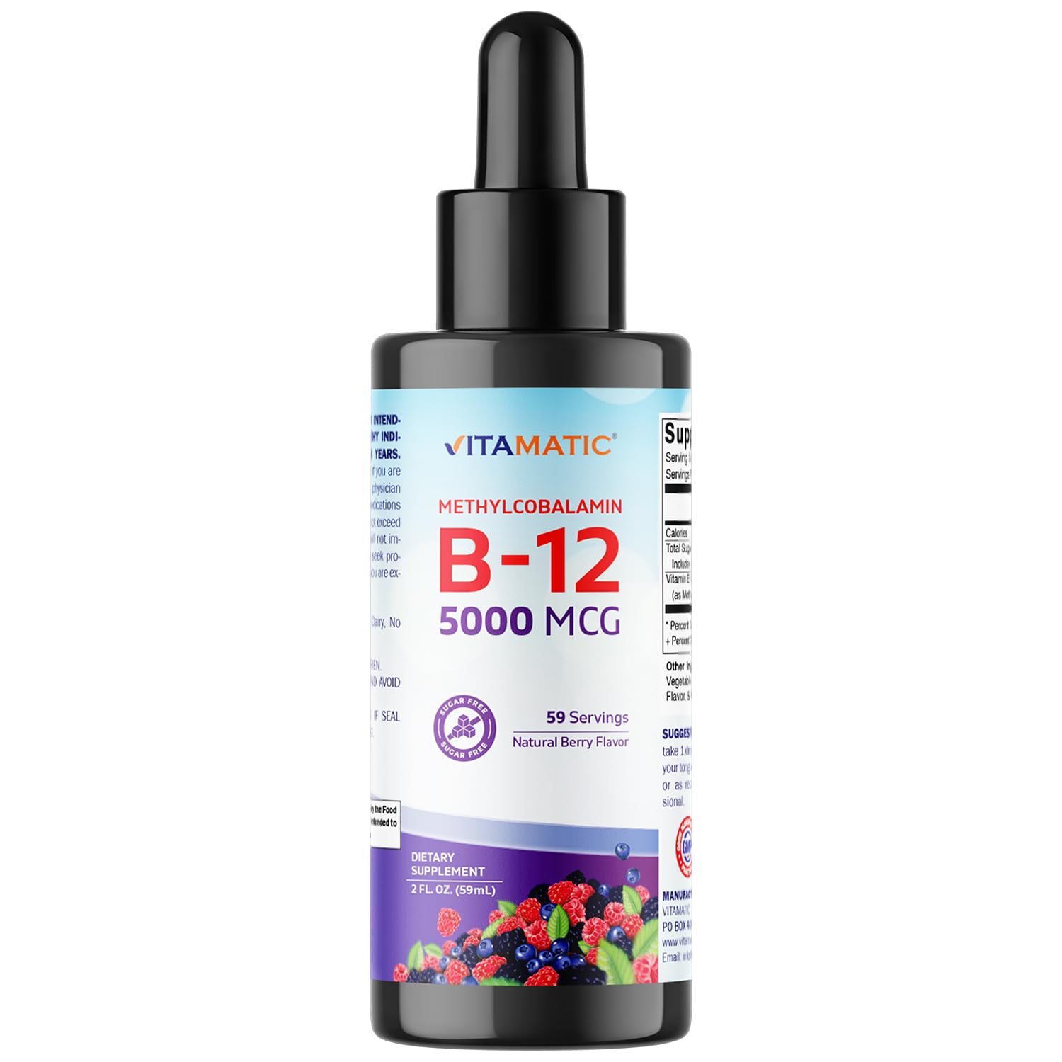 Vitamatic fast-acting B12 bottle highlights premium methylcobalamin for easy daily use.