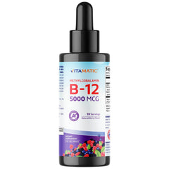 Vitamatic fast-acting B12 bottle highlights premium methylcobalamin for easy daily use.