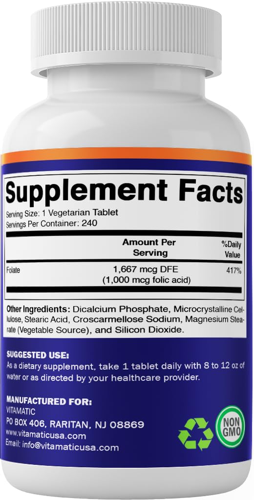 Vitamatic folic acid bottle on kitchen counter for daily routine.