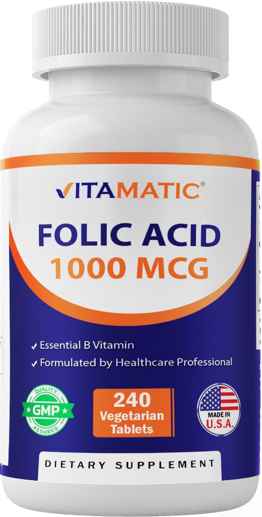 Vitamatic Folic Acid 1000mcg bottle front, visible 240-count packaging for prenatal planning