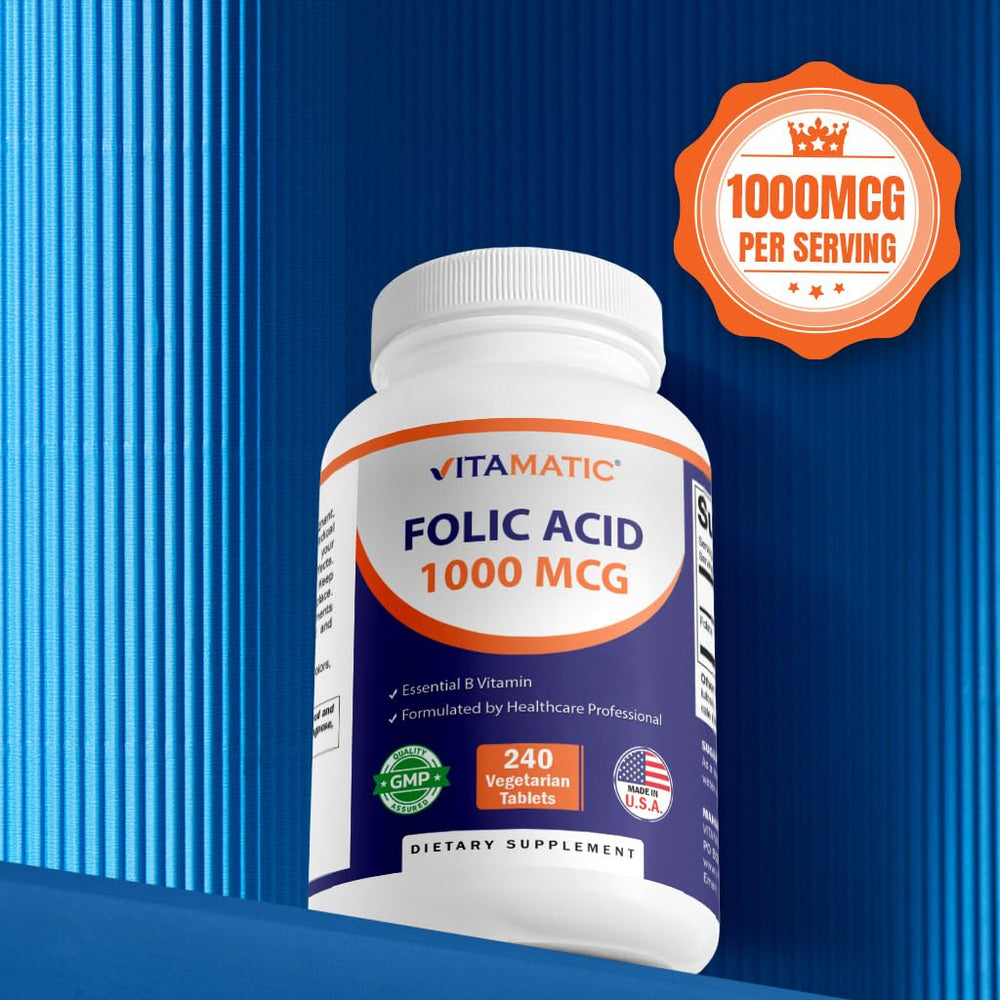Vitamatic Folic Acid 1000mcg tablets in a 240-count pack for daily use