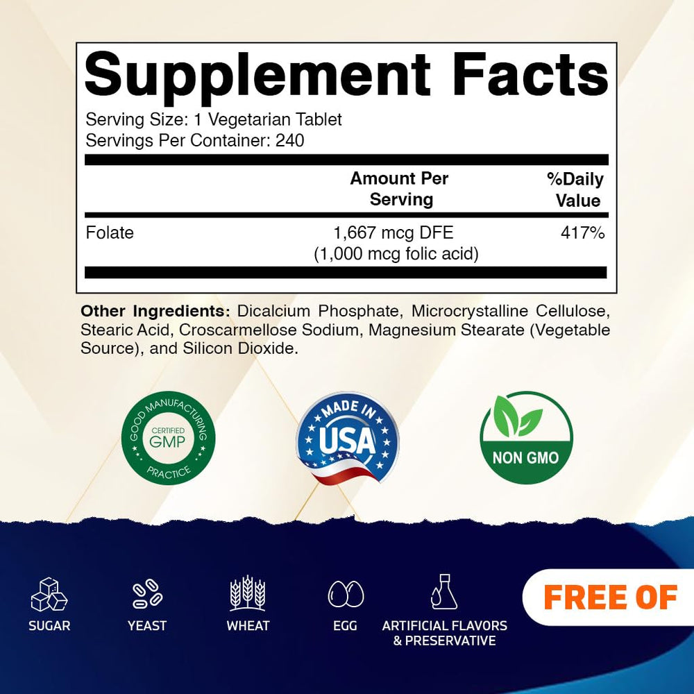 Close-up of Vitamatic Folic Acid 1000mcg label, highlighting non-GMO and gluten-free features