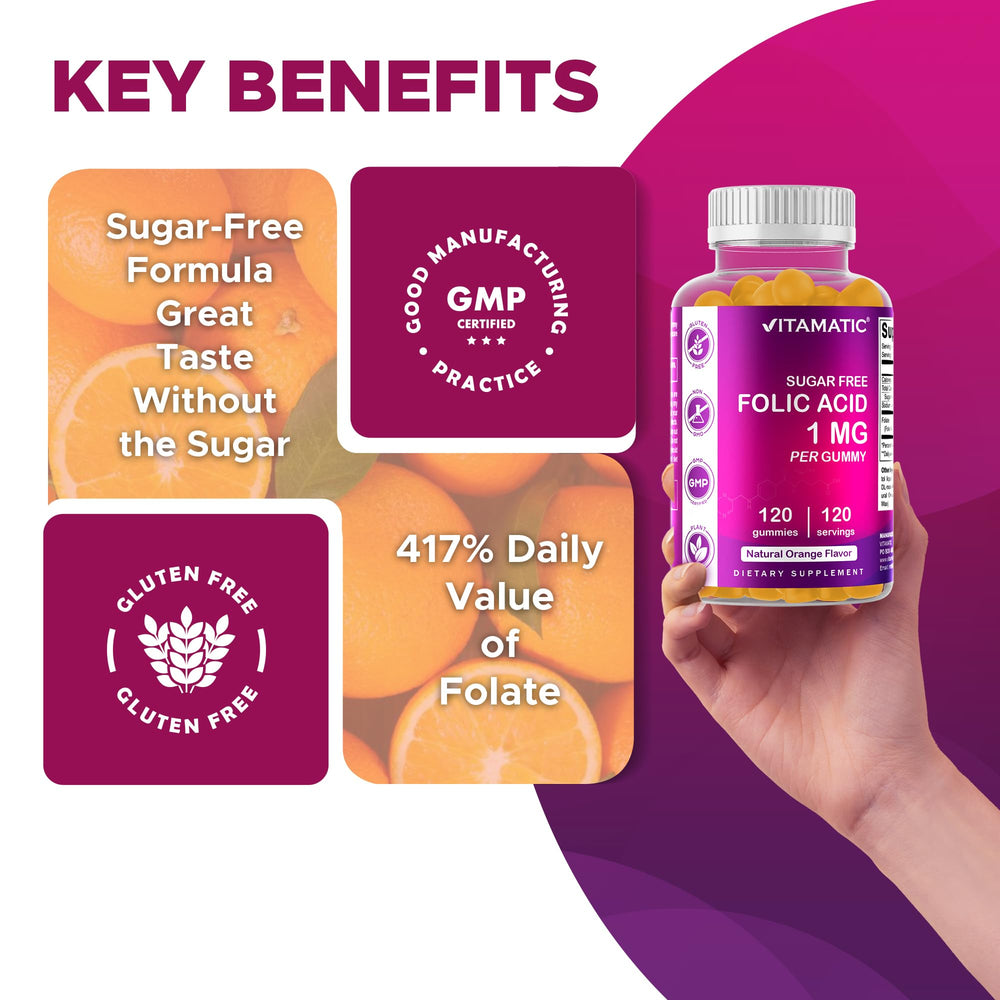 Vitamatic Folic Acid Gummies gluten-free stamp close-up, allergy-friendly option.