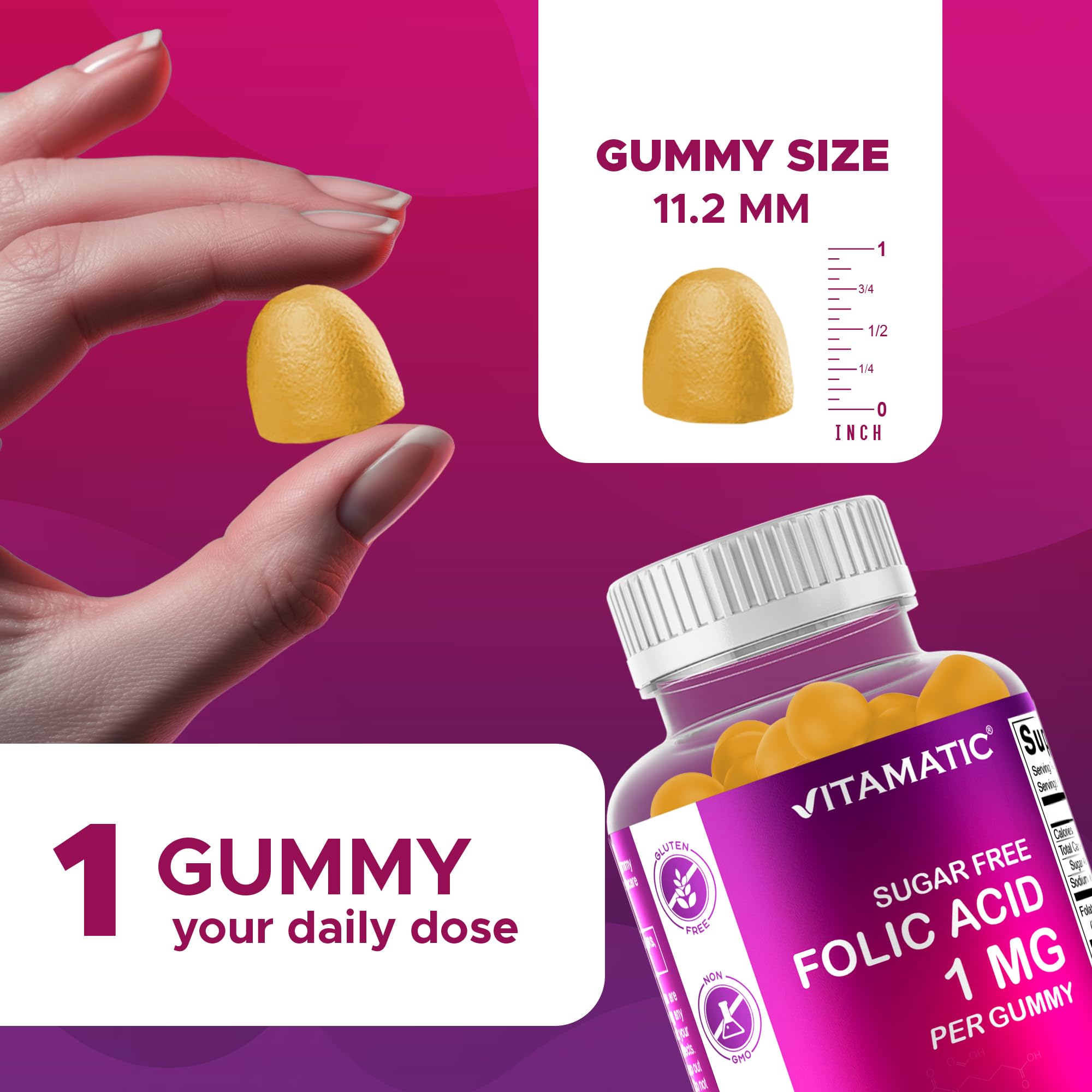 Vitamatic Folic Acid Gummies ingredients panel close-up, vegan-friendly formula.