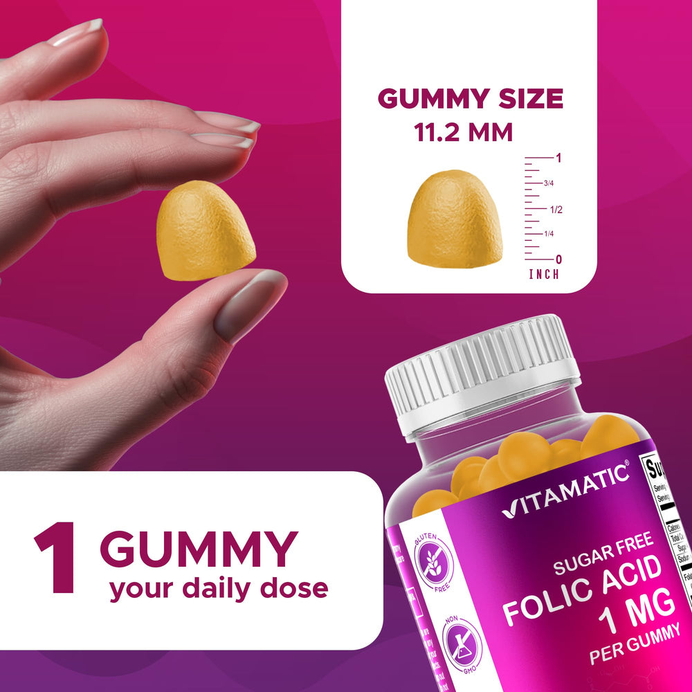 Vitamatic Folic Acid Gummies ingredients panel close-up, vegan-friendly formula.