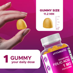 Vitamatic Folic Acid Gummies ingredients panel close-up, vegan-friendly formula.