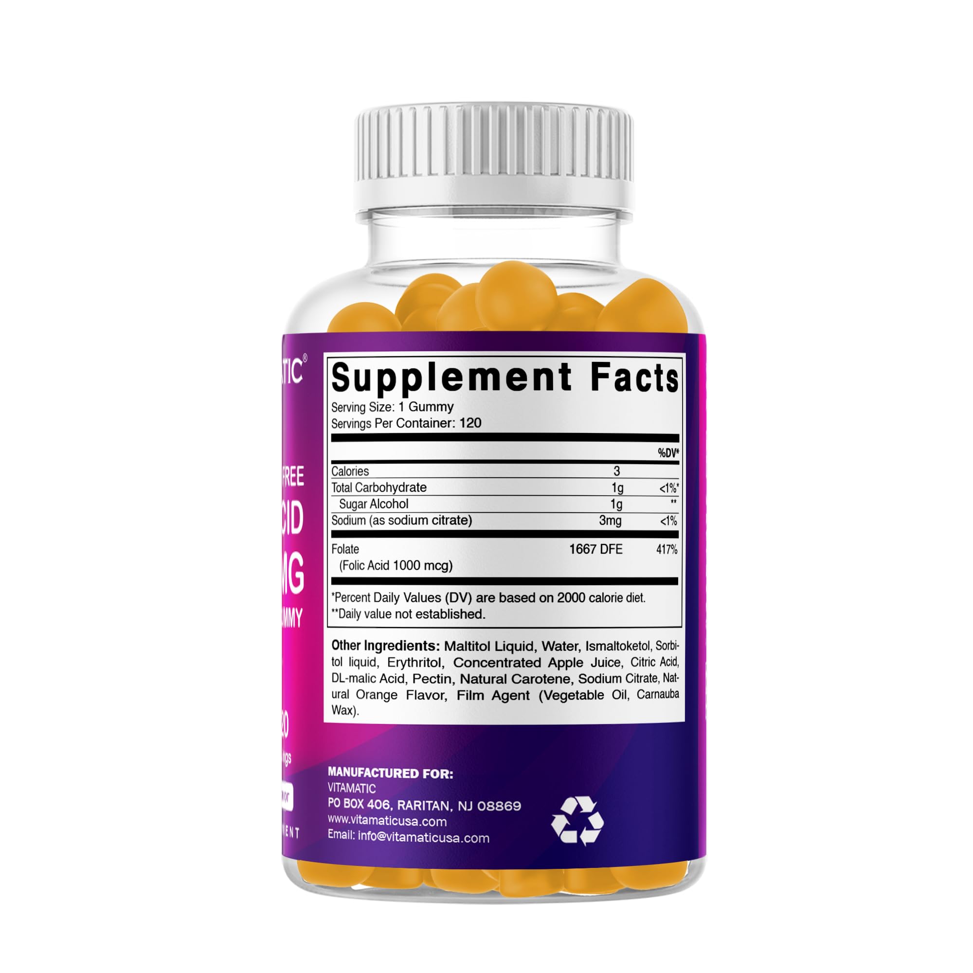 Vitamatic Folic Acid Gummies nutritional facts panel, transparent serving details.