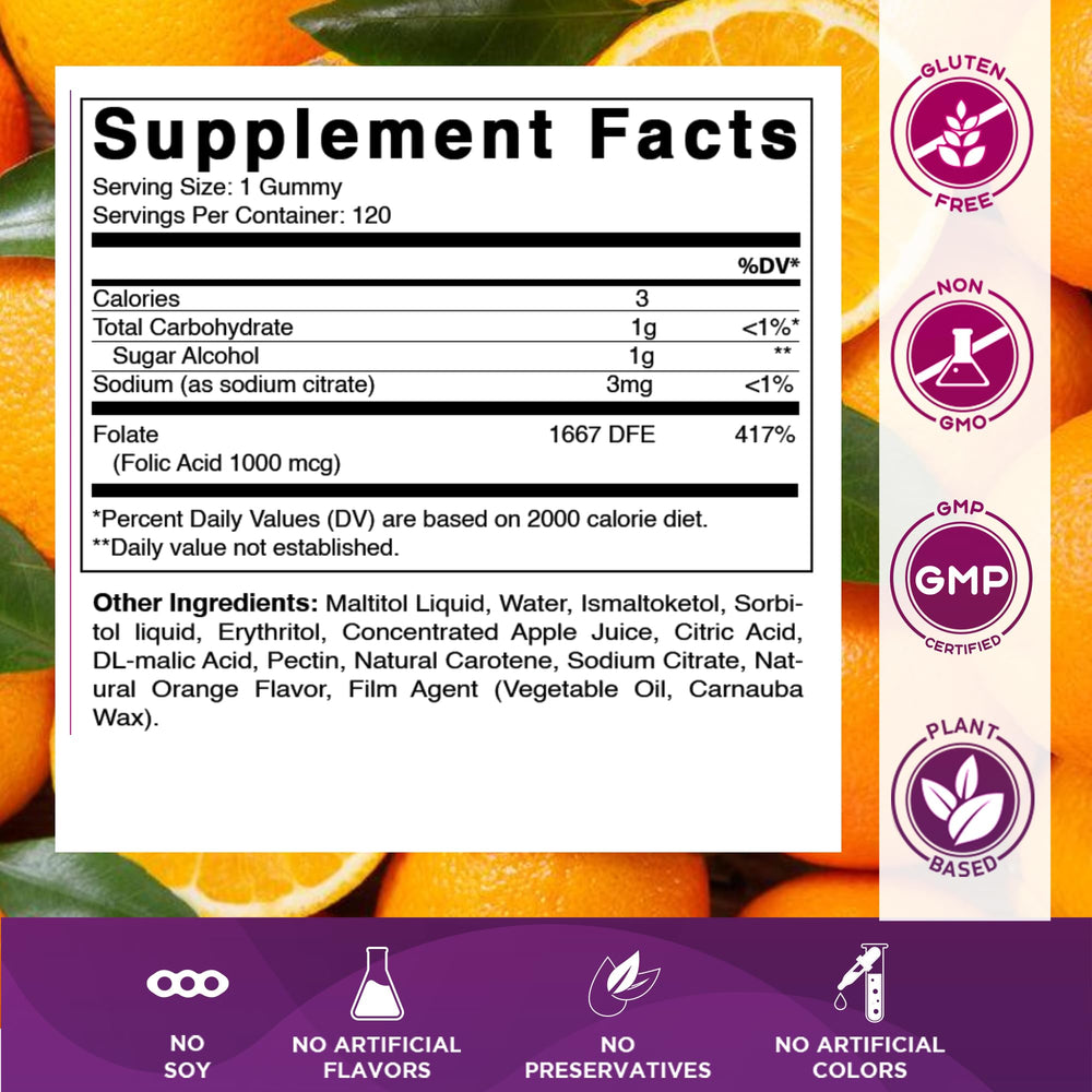 Vitamatic Folic Acid Gummies pack front, 120 vegan servings for daily use.