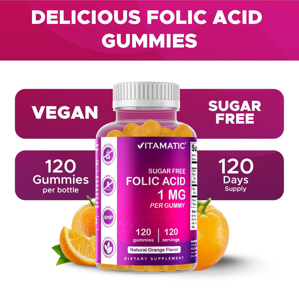 Vitamatic Folic Acid Gummies serving on spoon beside bottle, easy daily intake.