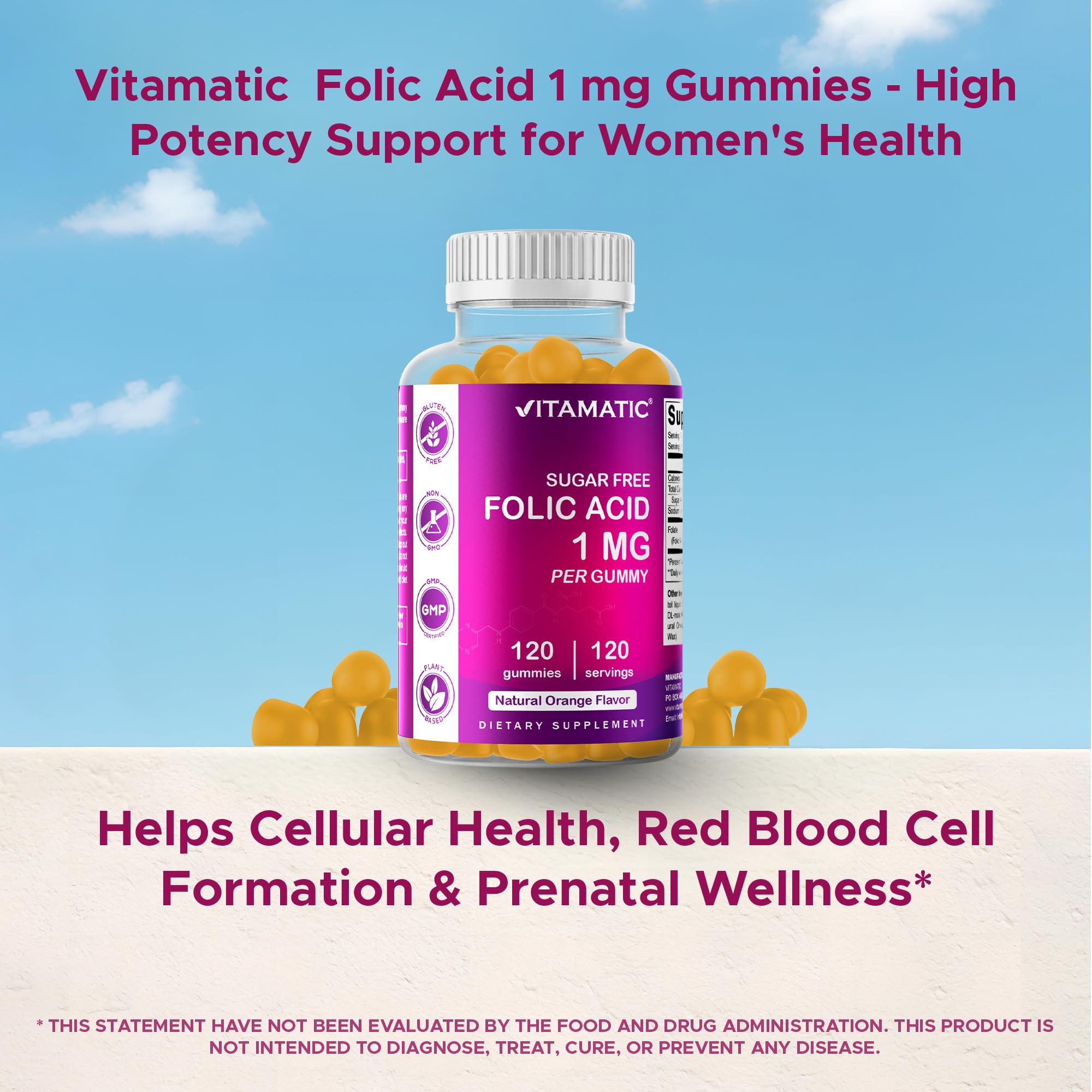 Vitamatic Folic Acid Gummies vegan-friendly and gluten-free label for clean nutrition.