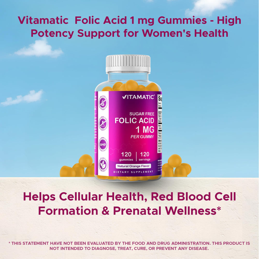 Vitamatic Folic Acid Gummies vegan-friendly and gluten-free label for clean nutrition.