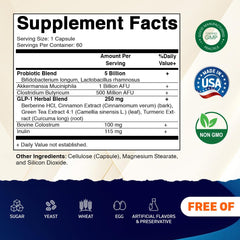 Vitamatic GLP-1 Support label close-up highlighting Akkermansia and Berberine for digestive wellness