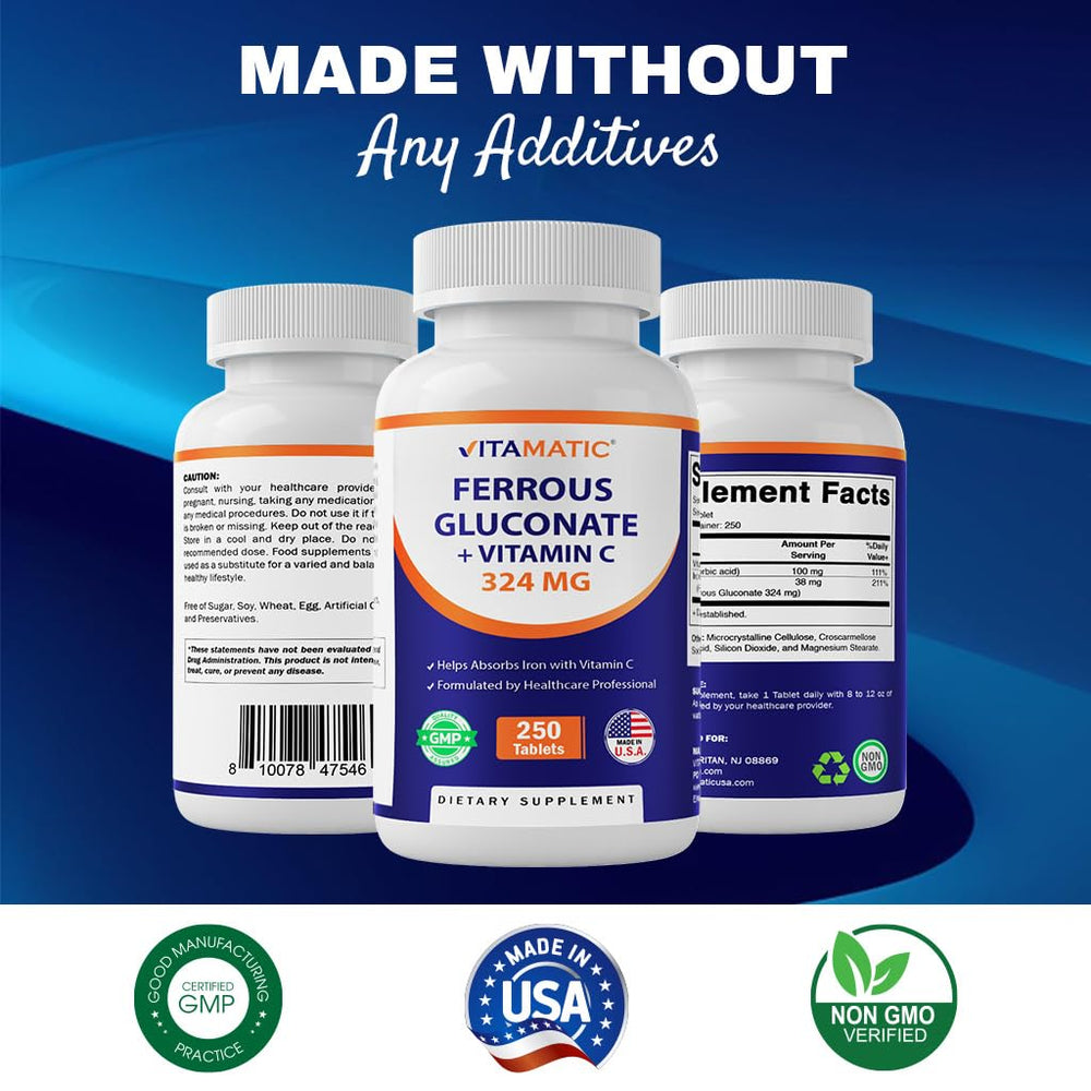 Vitamatic Gluconato Ferroso 324 mg, etiqueta clara para identificar dosis.