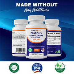 Vitamatic Gluconato Ferroso 324 mg, etiqueta clara para identificar dosis.