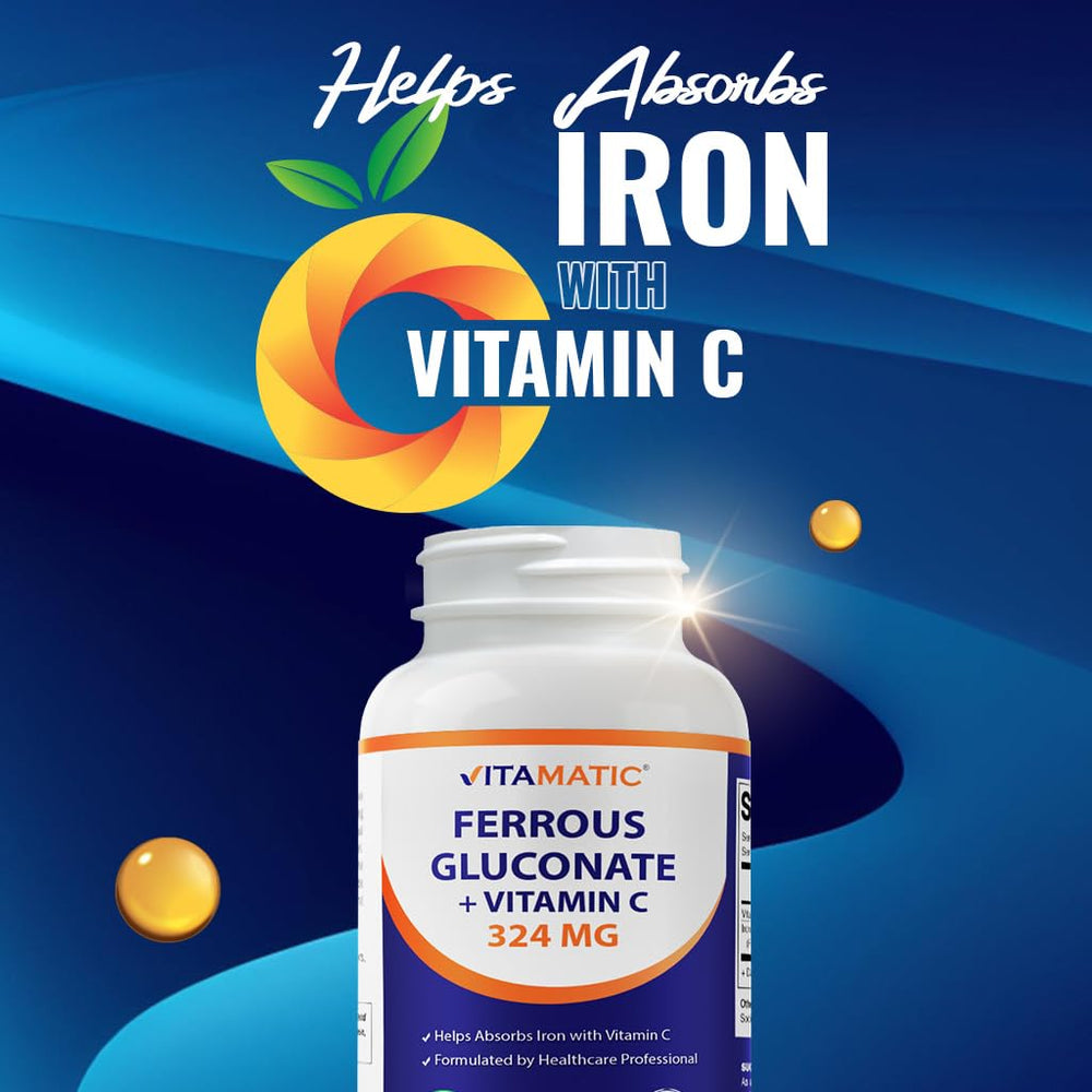 Vitamatic Gluconato Ferroso 324 mg, tabletas fáciles de tragar para uso diario.