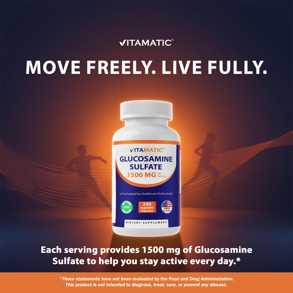 Vitamatic Glucosamine Sulfate bottle side angle showing compact packaging