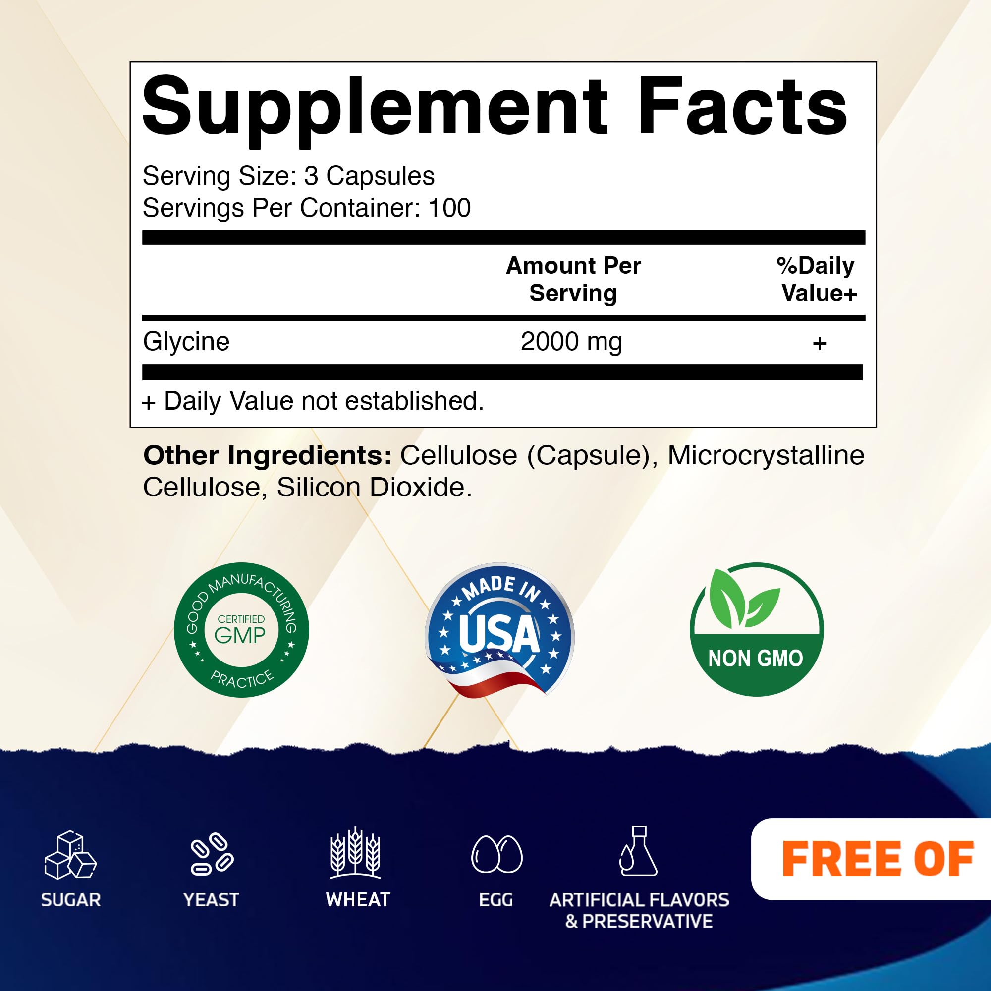 Close-up of Vitamatic Glycine 300-count bottle signals a long-lasting supply.