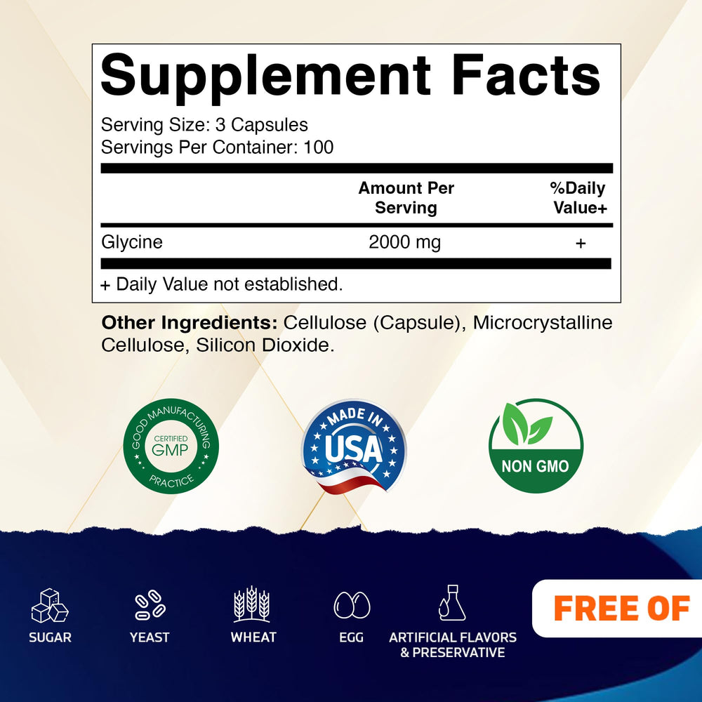 Close-up of Vitamatic Glycine 300-count bottle signals a long-lasting supply.