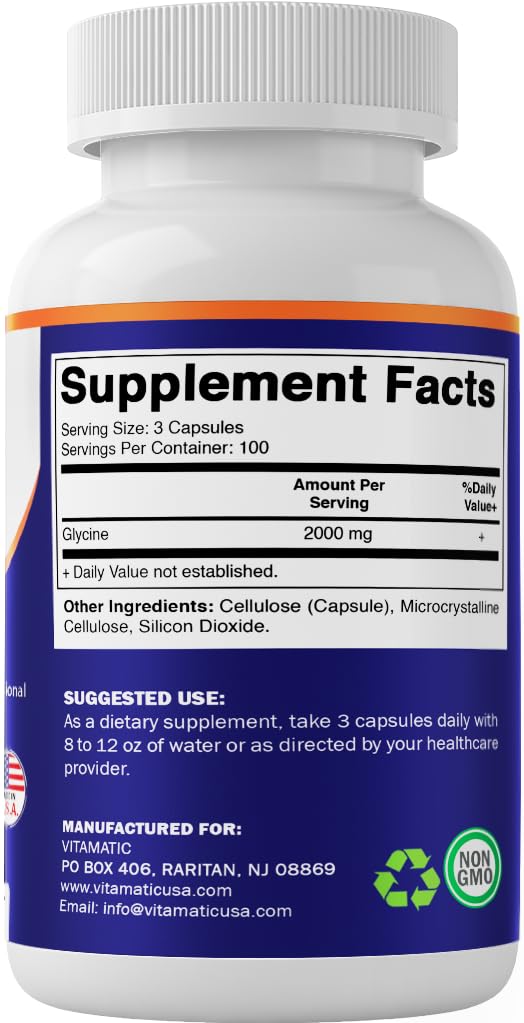 Label close-up on Vitamatic Glycine for quick dosage reference.