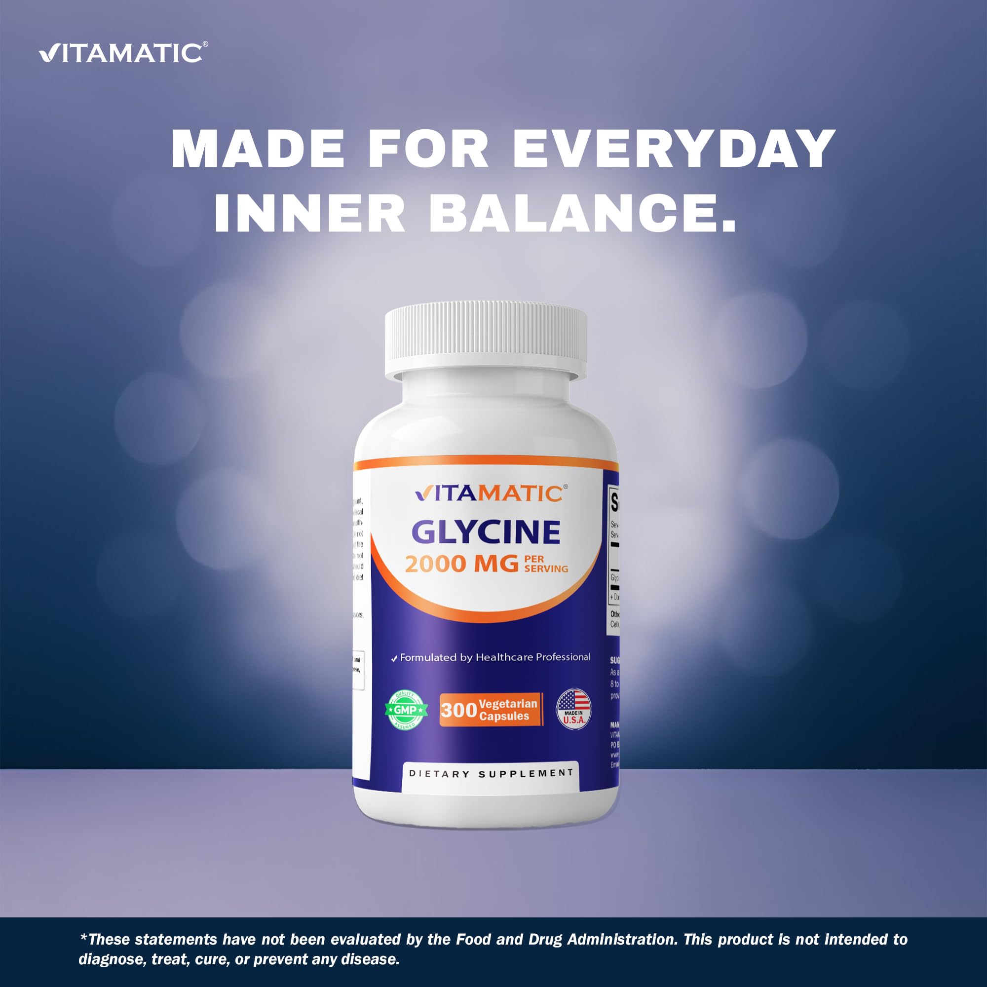 Vitamatic Glycine non-GMO seal emphasizes clean ingredient sourcing.