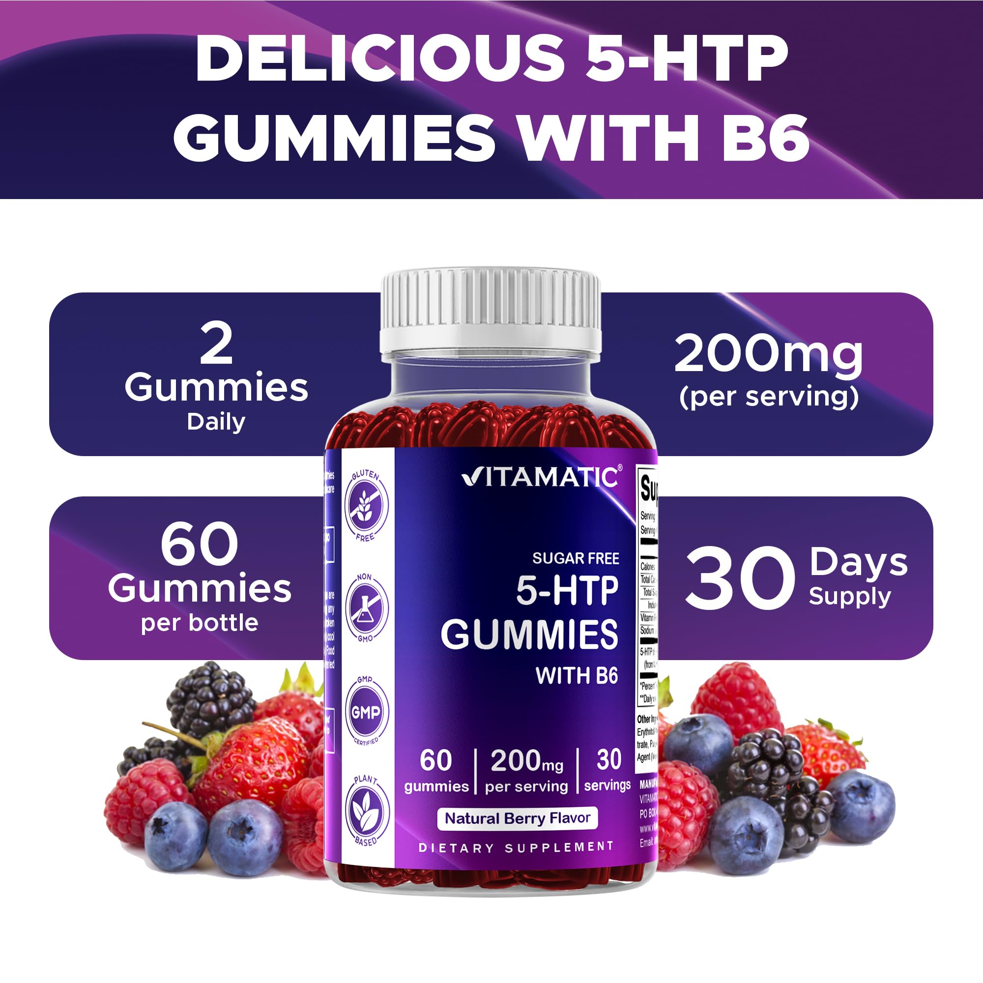 Vitamatic gummy bottle closeup with berries showing tasty texture