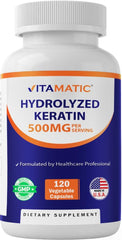 Vitamatic Hydrolyzed Keratin bottle label showing premium keratin blend for hair, skin, and nails