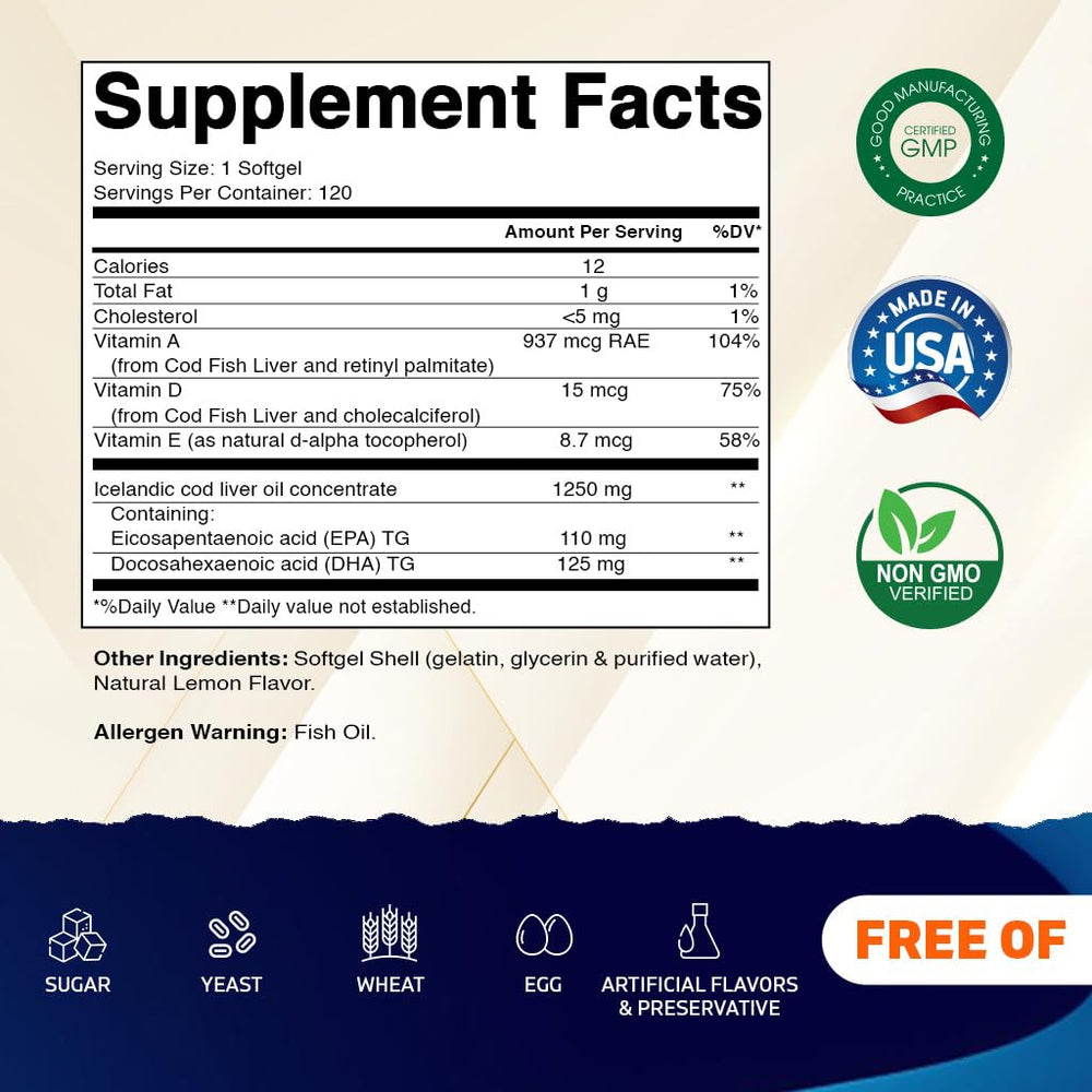 Vitamatic bottle back label of Icelandic Cod Liver Oil with lemon flavor details