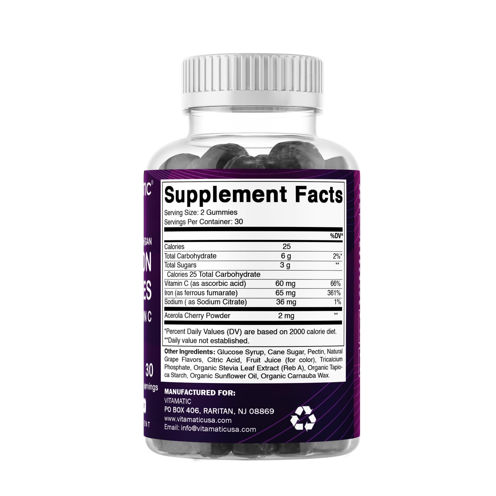 Vitamatic Iron 65 mg Gummies closeup of label on back side