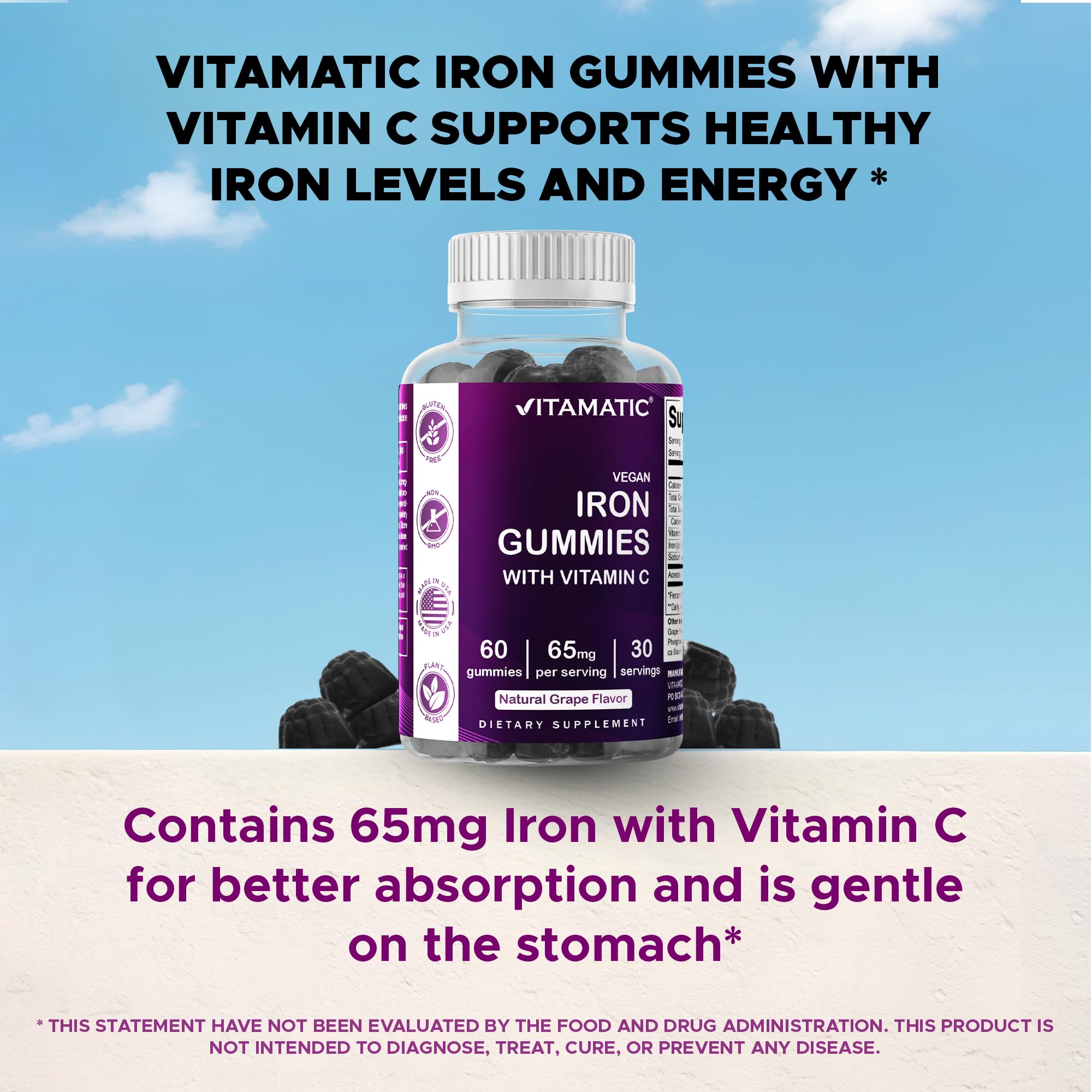 Vitamatic Iron 65 mg Gummies bottle-side label with 60 gummies per bottle
