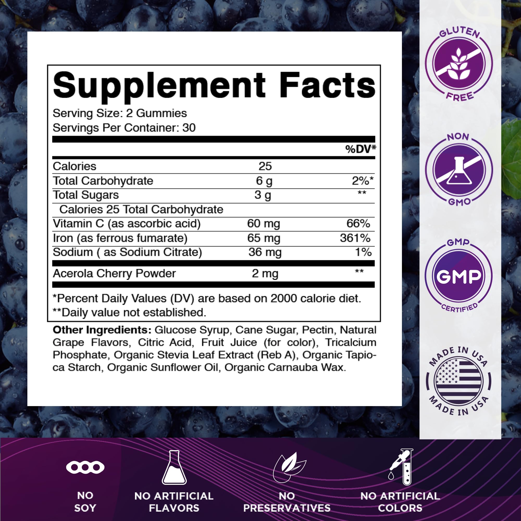 Vitamatic Iron 65 mg Gummies closeup of tasty gummies with natural grape flavor